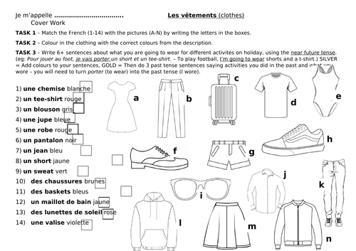 Les vetements worksheet cover lesson clothing clothes
