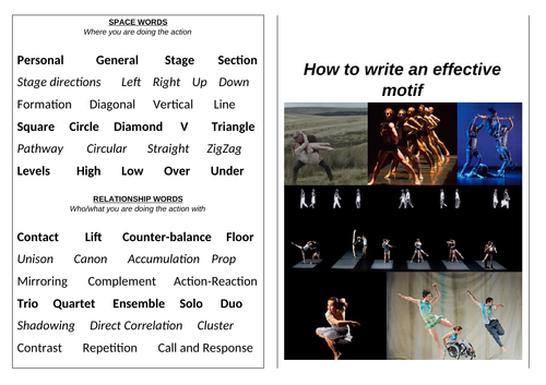 GCSE Dance Word Bank for Actions Space Dynamics Relationships