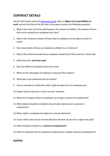 GCSE Business  - Contract of Employment Lesson (Edexcel, AQA, OCR)