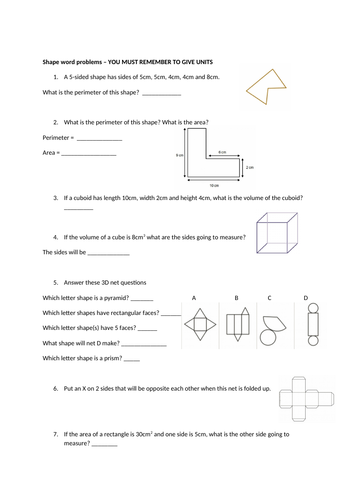 perimeter area and volume recap worksheet y5 teaching resources