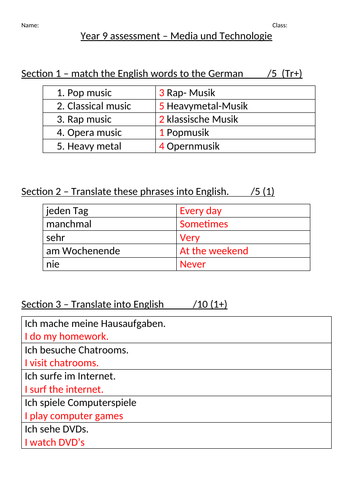 Year 9 - End of topic assessment - Media und Technologie