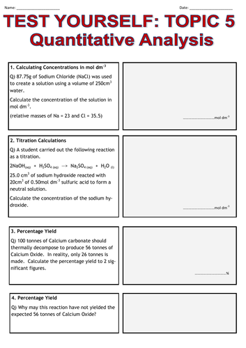 GCSE Chem (9-1)-TOPIC 5 Quantitative Analysis(Calculations- Gas Volume, Titrations, Concs)Worksheet