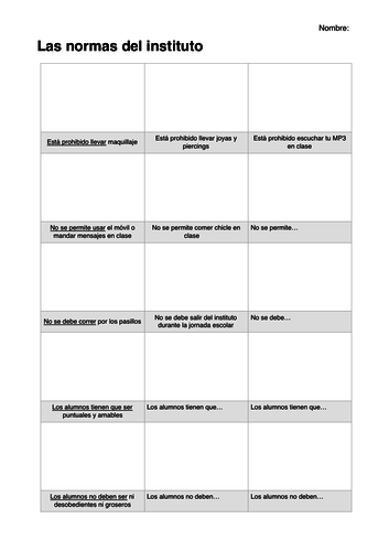 School rules worksheet  in Spanish