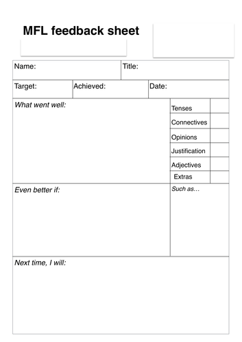 MFL feedback sheet