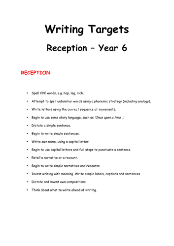 Writing Targets - Reception to Year 6