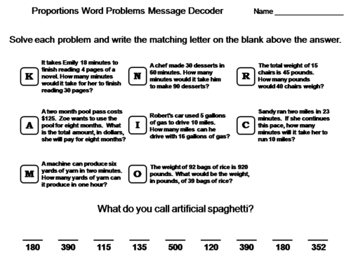 Proportions Message Decoder Activity: Math Message Decoder
