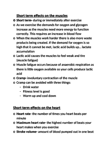 Edexcel GCSE PE short term effects notes