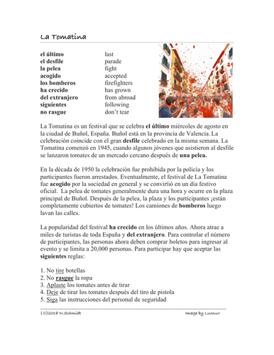 La Tomatina Festival Lectura y Cultura: Spanish Reading SUB Activity (Commands)