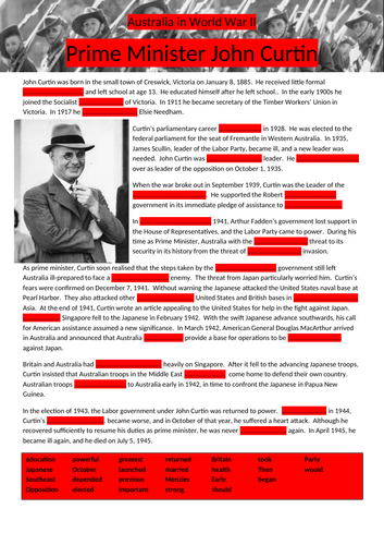 4 Cloze activities - Australia in World War II