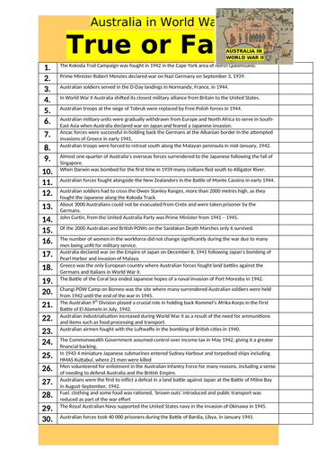 Australia in WWII - True or False?