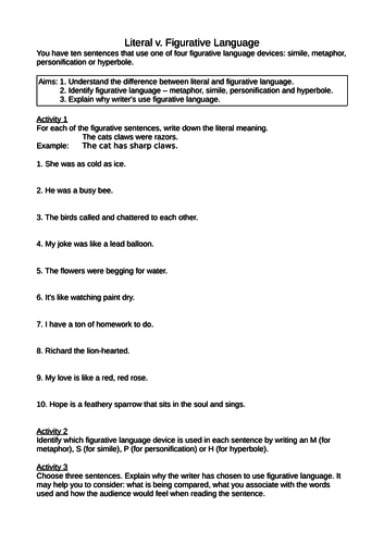 2 x literal versus figurative language worksheets language