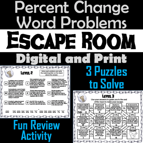 Percent Change Word Problems Game: Escape Room Math Activity | Teaching