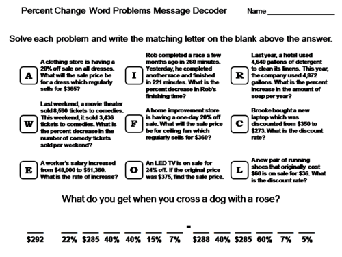 Percent Change Word Problems Message Decoder Activity: Math Message Decoder
