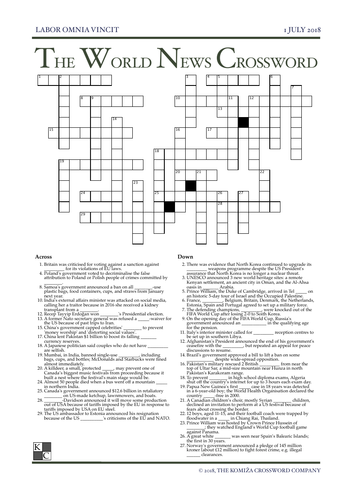 The World News Crossword - July 1st, 2018