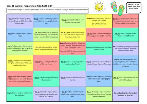 AQA GCSE D&T- 30 Days of Summer Homework