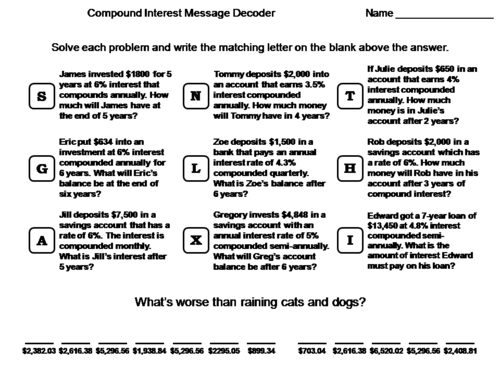 Compound Interest Worksheet: Math Message Decoder