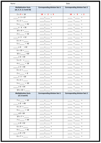 multiplication division worksheet inverse operations teaching