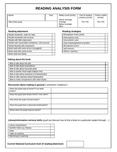 Reading Analysis - Assessment Form