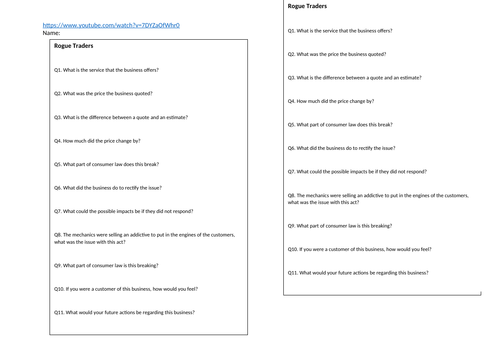 Rogue Traders Consumer Law video and worksheet