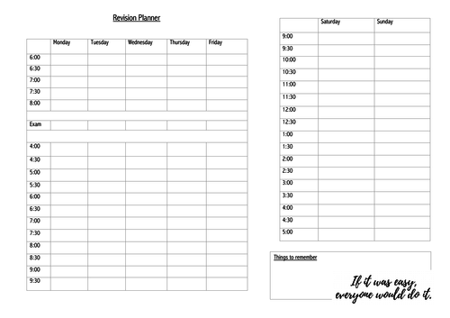 Exam Weekly Revision Planner for School