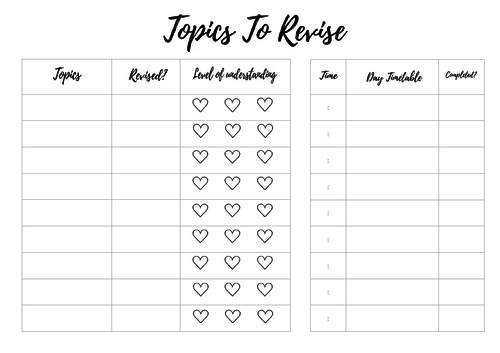 Topics to Revise Exam Day planner!