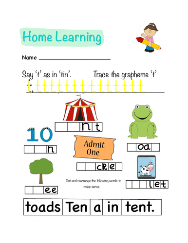 Phonics Letters and Sounds Homework Sheet (t)