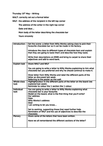 Letter Writing Lesson Plan - Charlie and the Chocolate Factory