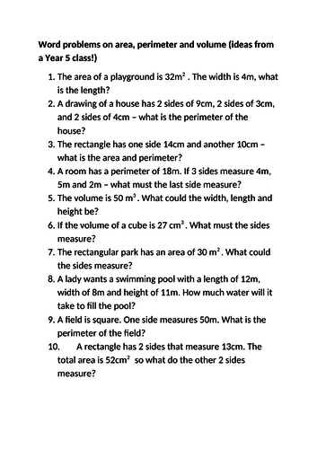 volume perimeter area word problems written by year 5 teaching resources