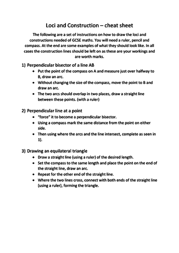 GCSE Loci and construction cheat sheet
