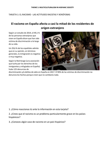New Spanish A Level. Paper 3 (Speaking) discussion cards: El racismo (Racism).