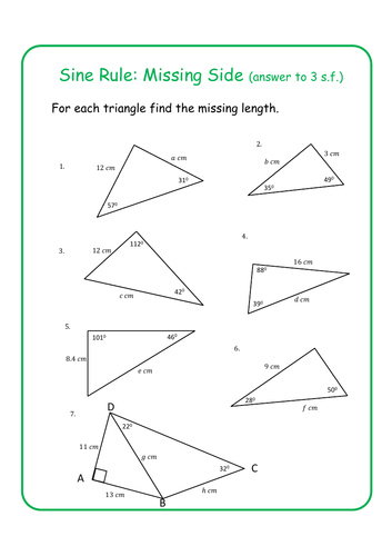 Sine Rule - Missing Sides and Missing Angles (solutions included)