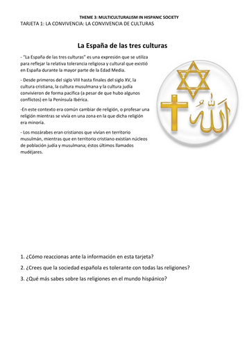 Spanish A Level. Paper 3 (Speaking) discussion cards: La convivencia (Integration).