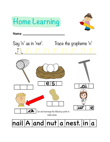 Phonics Letters and Sounds Homework Sheet (n)