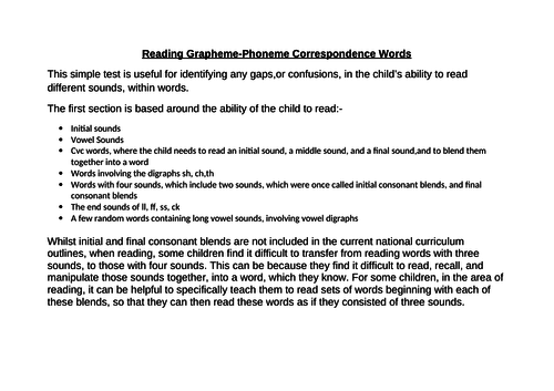 National Curriculum linked Grapheme-Phoneme Reading Test