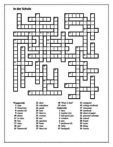 In der Schule German School Crossword Teaching Resources