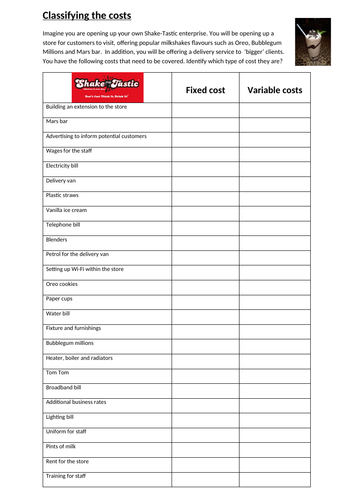 Costs and revenues classification tasks