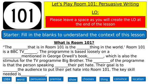 Room 101 - Writing to Persuade - Speaking and Listening Task