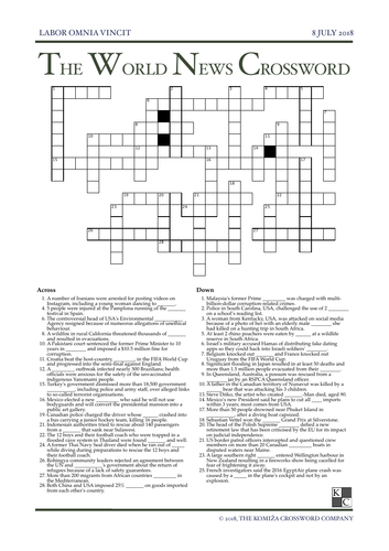 The World News Crossword - July 8th, 2018