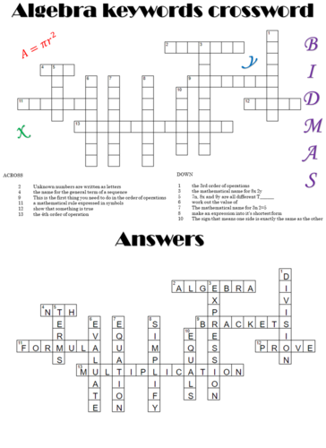 Algebra key words - maths word search and crossword