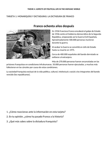 New Spanish A Level: Paper 3 speaking cards: Monarquías y dictaduras (Monarchies and Dictatorships)