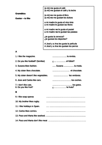 Gustar - Grammar sheet