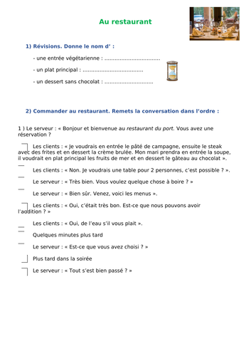 food & drinks " au restaurant"  (ordering, complaints...) - worksheet