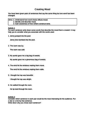 4x mood worksheets english creative writing language analysis gcse teaching resources