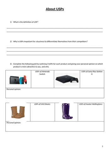 Unique Selling Point worksheet
