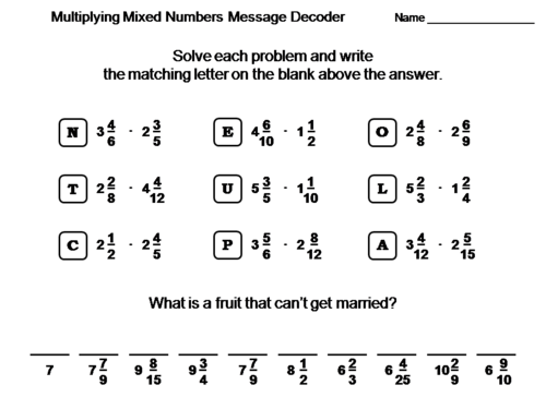 Multiplying Mixed Numbers Activity: Math Message Decoder