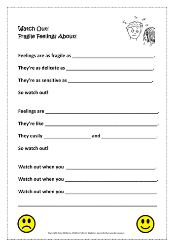 Emotions Poem Frame/Worksheet for Ys 5-8, PSHE; example sheet provided ...