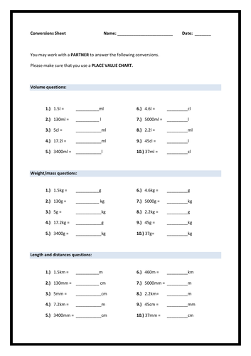 Convert measurements worksheet | Teaching Resources