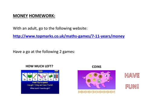 Money: Homework Games (KS1)