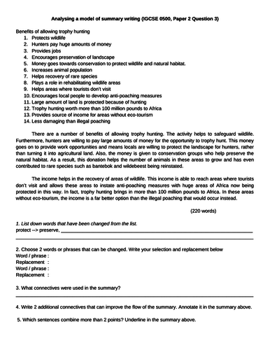 Analysing A Model Of Summary Writing IGCSE 0500 Paper 2 Question 3 