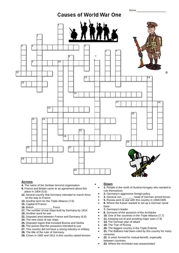 Causes of World War One crossword